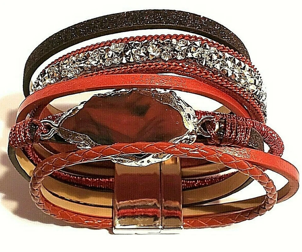 JAOYU Red Leather Bohemian Bracelet with Crystals Wrap - Image 4 of 4