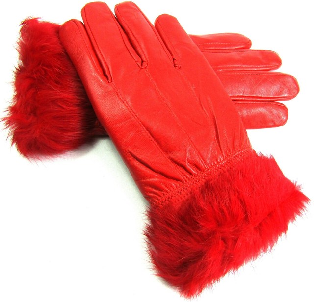 Ladies Red Faux Fur Trim Super Soft Real Leather Fully Lined Gloves