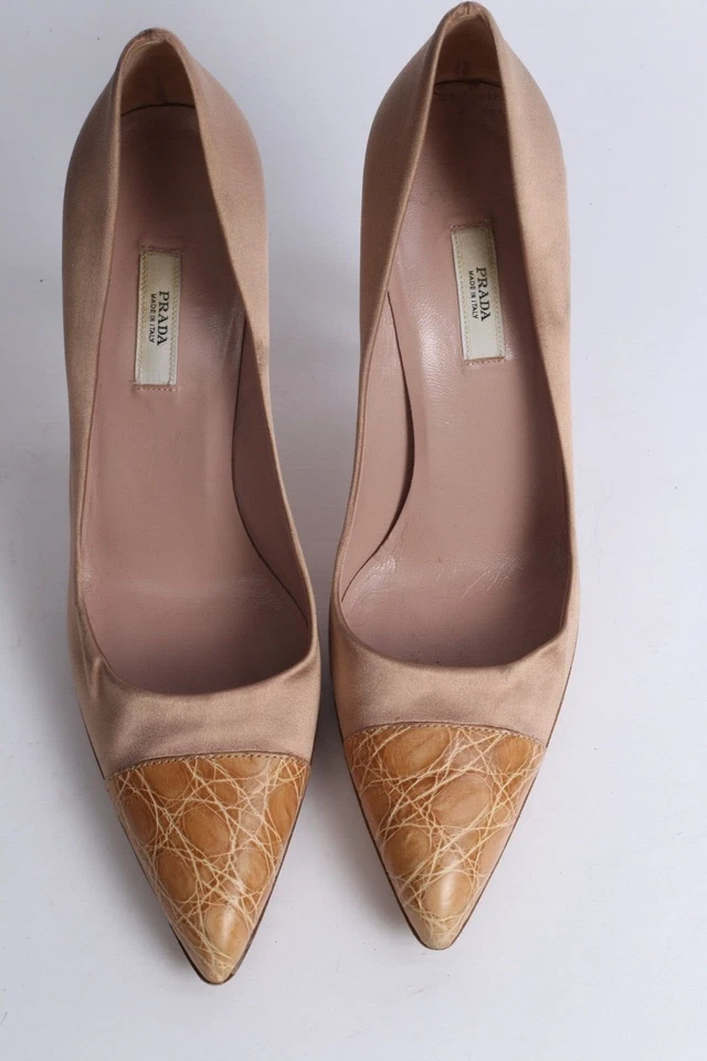 PRADA Bronze Satin Croco Snake Print Leather Cap Pointed Toe Pumps Size 37.5 - Image 3 of 4