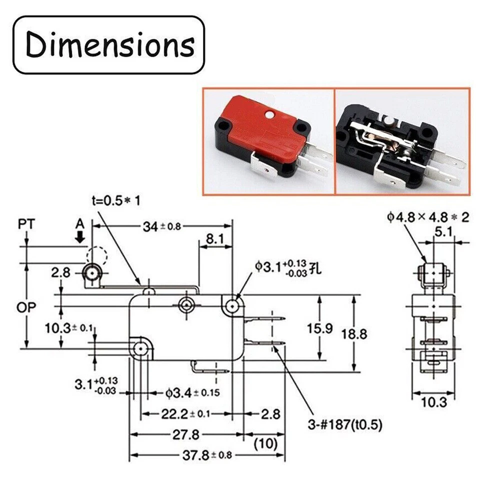 V-156-1C25 Limit Micro Switch Long Straight Hinge Roller Momentary SPDT 10-50PCS - Image 2 of 4