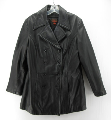VINTAGE Danier Jacket Women Medium Black Leather Peacoat Double Breasted Y2K *