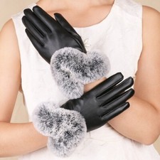 Lady Pu Leather Gloves Thermal Faux Fur Trim Fleece Lined Gloves Touchscreen New