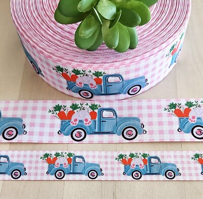 7/8 & 1.5'' (1 YD) Easter Grosgrain Ribbon Truck Easter Bunny Carrots Gingham