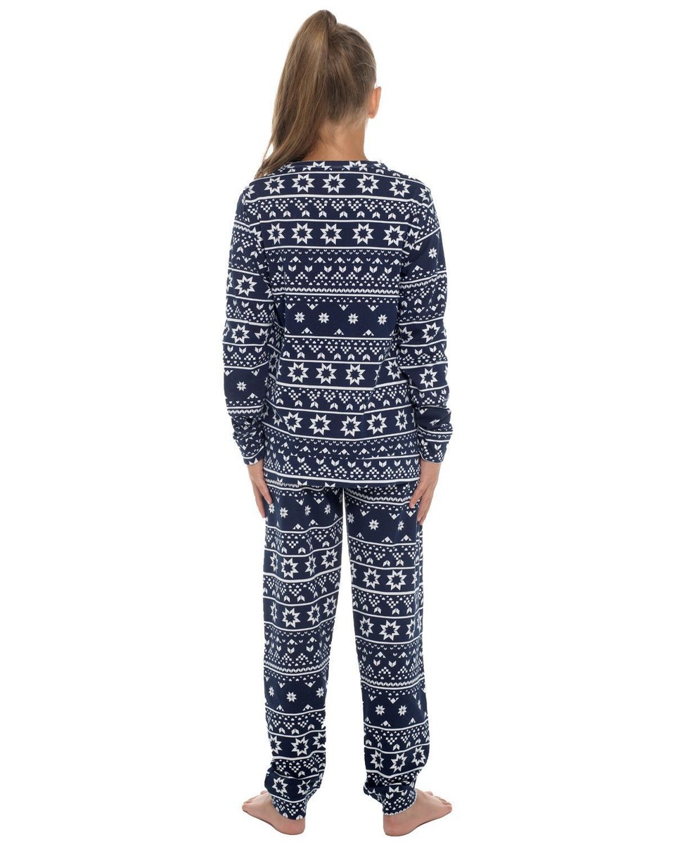 Kids Navy Fairisle Pyjamas Boys Girls Jersey Cotton Long Sleeve Festive  Pyjama