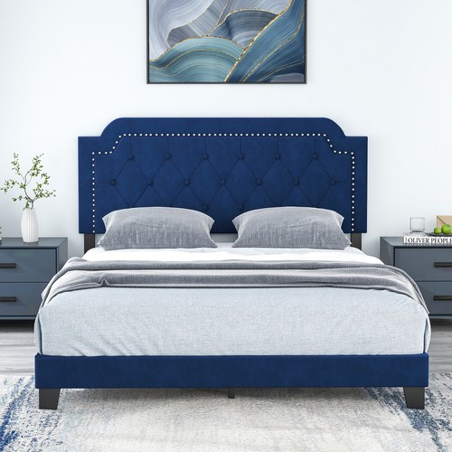 Queen Size Velvet Platform Bed Frame w/Button Tufted & Nailhead Trim Headboard - Picture 5 of 8