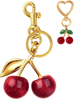 Cherry Keychain Bag Charm Set Gold Red Glitter Resin