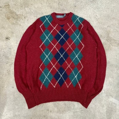 Christopher Hayes Mens Red Argyle Shetland Wool Sweater Made in Ireland Large