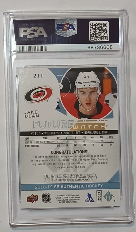 2018-19 SP Authentic Future Watch Rookie #211A Jake Bean RC AUTO 461/999 PSA 9 - Image 2 of 2