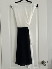 TAHARI COLOR-BLOCK SIDE TIE FIT & FLARE BLACK WHITE DRESS sz 12P