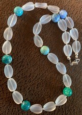 18" Blue  Green Painted Glass and Matte White Glass Twist Bead Necklace