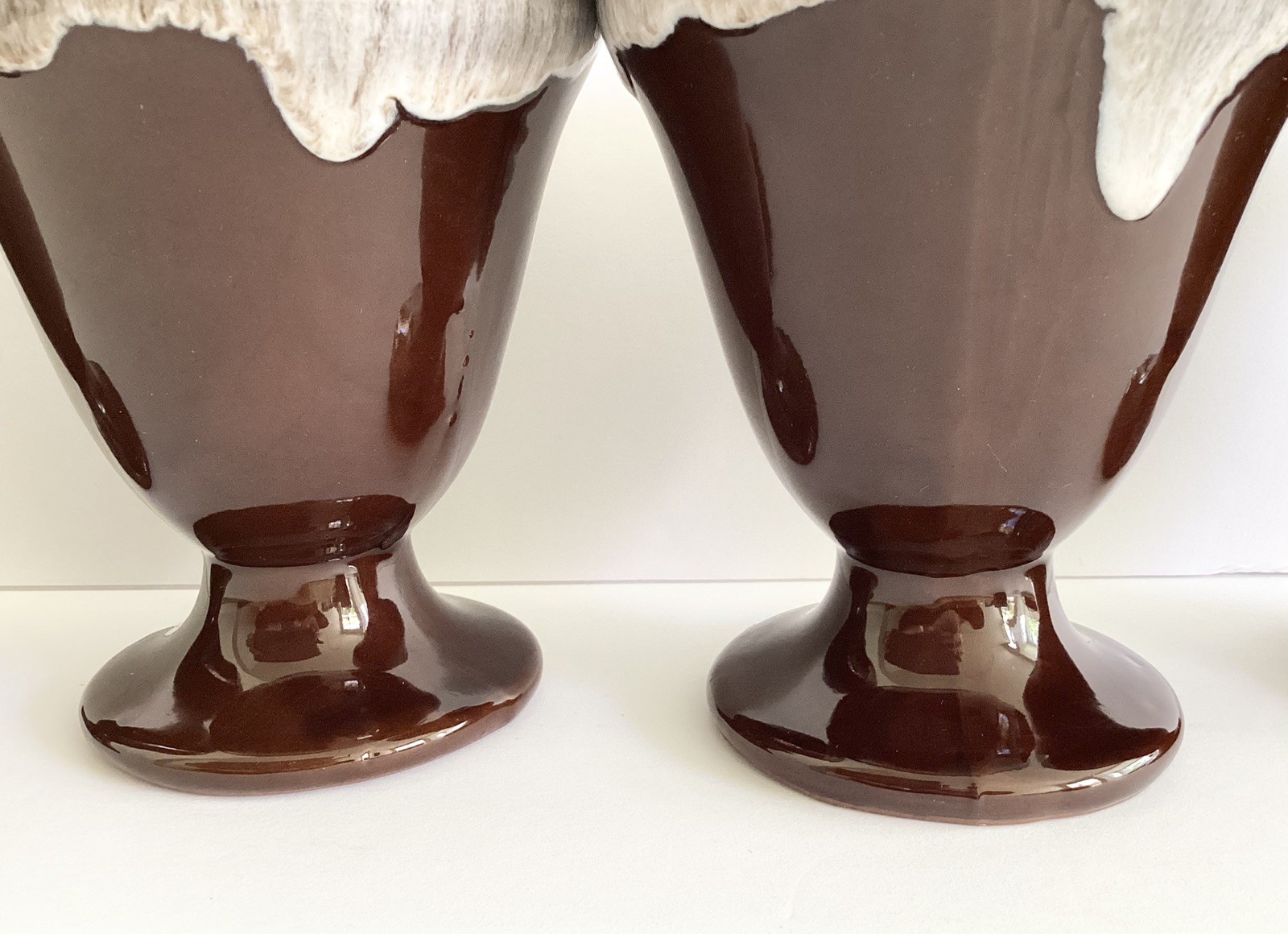 4 Red Clay Brown Glaze Drip Pedestal Ice Cream Sundae Cups & Sauce Bowl