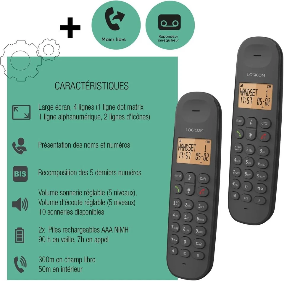 Logicom ILOA 255T Schnurloses Festnetztelefon Duo mit Anrufbeantworter, DECT/GAP - Imagen 2 de 4