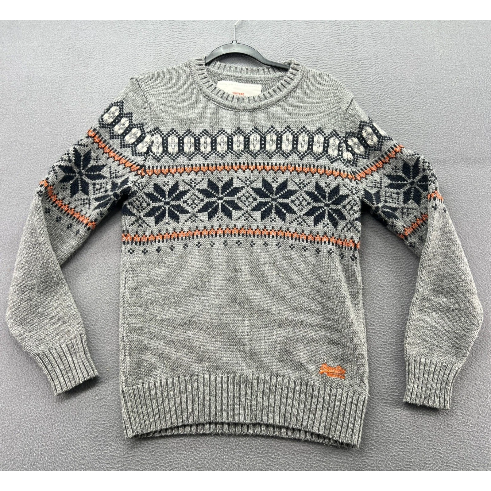 Superdry Sweater Mens Sz M Fair Isle Snowflake Grey Navy Vtg Nordic Knit