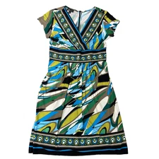 AB Studio Midi Dress Size L Empire Waist Flutter Sleeve Stretch Bold Blue Green