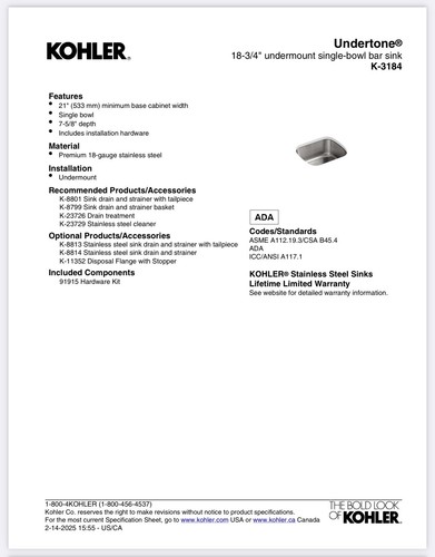 Kohler 3184-NA Undertone 18-3/4" barra de acero inoxidable inferior cocina/fregadero en SS - Imagen 3 de 8