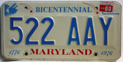 Maryland Nummernschild USA Kennzeichen 1980 US License Plate 1776-1976 Schild