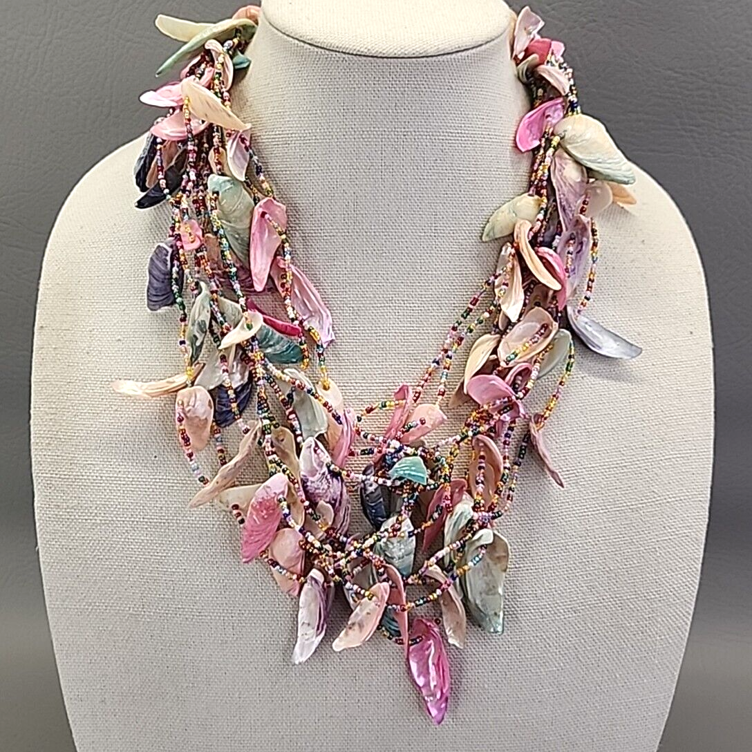 Shell Necklace Vtg Slivers Multicolor Dyed Seed Beads Layered Beach  Sea