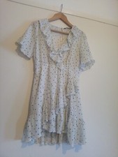 Zara Spot Spotty Polkadot tea Dress ruffle ruched White Black Small S Crepe