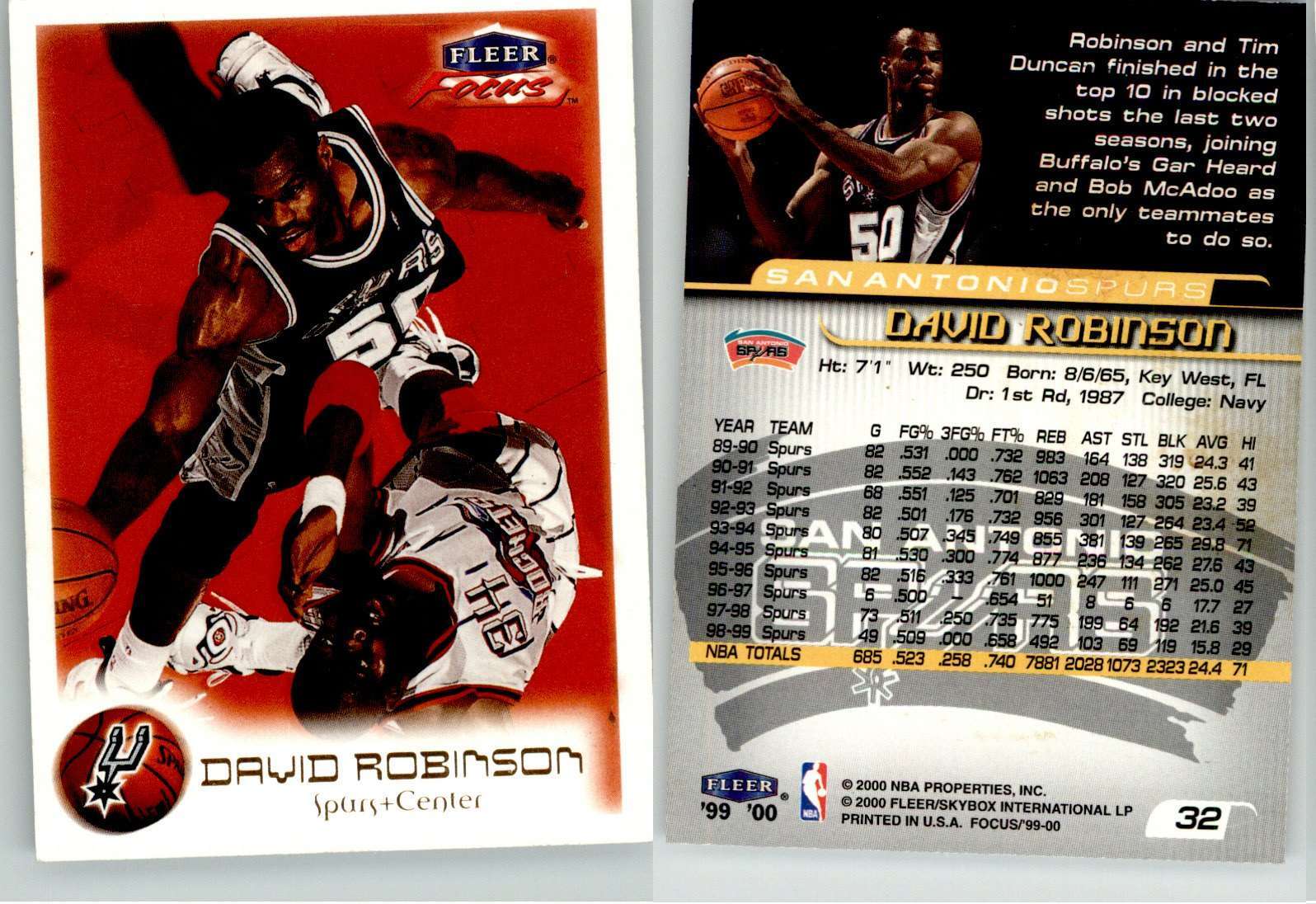 David Robinson 1999-00 Fleer Focus #32 Spurs HOF EX Condition