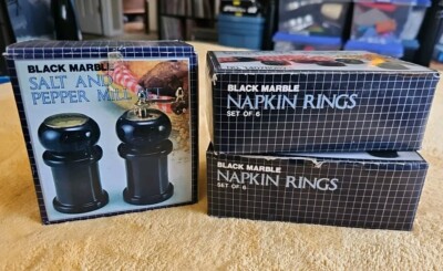 Marble Salt Pepper Shakers Napkin Ring Set Black Gray 80s Taiwan NIB  Vintage