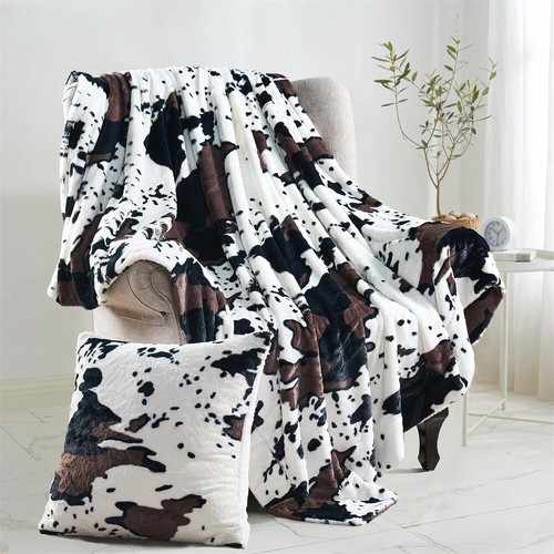 Cow Print Faux Fur Throw Blanket Double-Sided - Warm Fluffy Blanket Farmhouse - Picture 4 of 78