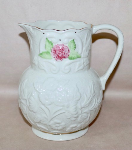 Belleek Pitcher ~ Embossed Rose & Gold Trim 2005 11th Anniversary Show 7.5” Tall - Picture 4 of 24