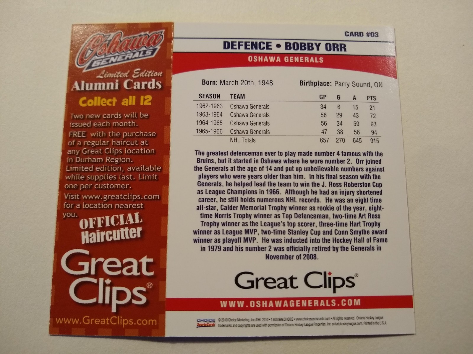 201011 Great Clips Oshawa Generals Alumni Bobby Orr and Eric Lindros cards eBay