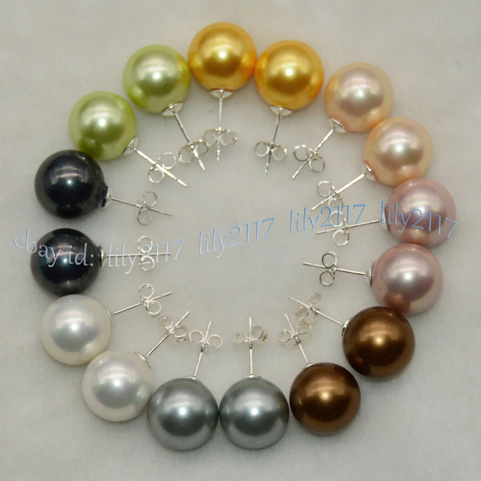 8 pares de aretes redondos de plata concha multicolor del Mar del Sur de 10/12/14 mm Foto 2 de 4