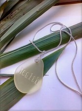 Engraved Inspirational "HEALTH" Yellow Sea Glass Pendant Snake Chain Necklace