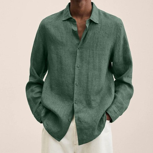 Mens Long Sleeve Cotton Linen Shirts Casual Solid Button-up Baggy Tops Tee Shirt - Picture 5 of 24
