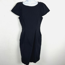 Adrianna Papell Black Sheath Dress sz 4 Cap Sleeve Ruched Waist Elegant Career