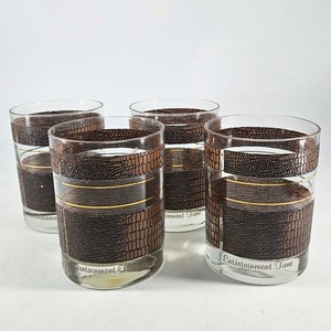 Set Of 4 Georges Briard MCM alligator snake skin Gold Lowball Whiskey Glasses
