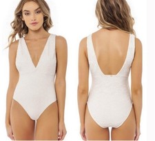 NWOTD PilyQ L Eyelet Deep V Swimsuit White Bridal 92590