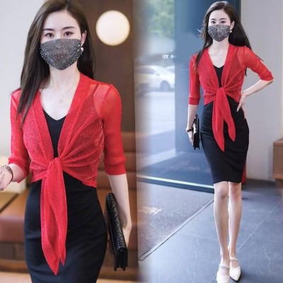 Style and Elegance Damen Jacke mit Spitze vorne und Halbarm dünner Stoff