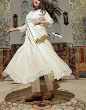 Off White Cotton Anarkali Kurta Pant Set for Women Ethnic Indian Plus Size