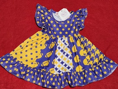 NWT ~ Clover Cottage Apparel Jazy Js Boutique Purple Yellow Football Dress 0-6M