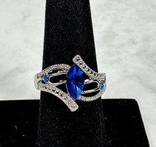 Sterling Silver Cocktail Ring with Deep Blue Marquise CZ - Size 7.25