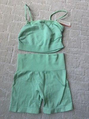 NWT Colsie Active Wear Two Piece Set Mint Green Ribbed Biker Shorts Womens S
