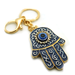 Angel Joon Hamsa Evil Eye Fatima Rhinestone Keychain Blue Handbag Charm Keyring