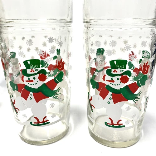 4 VTG Anchor Hocking SKATING SNOWMAN Glass Tumblers Holiday Glasses Christmas