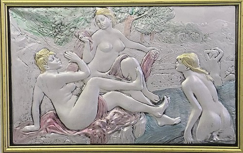 ITALIAN FRAMED 3D ARG 925 STERLING SILVER PAINTING RELIEF ART "THE BATHERS" - Picture 7 of 12