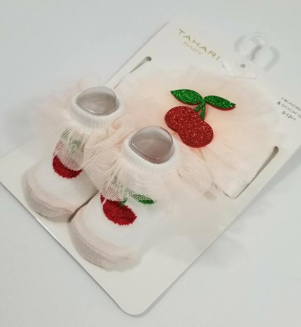 Tahari Baby Girl Infant Cute Headband & Socks Set 012Mos Red Cherry