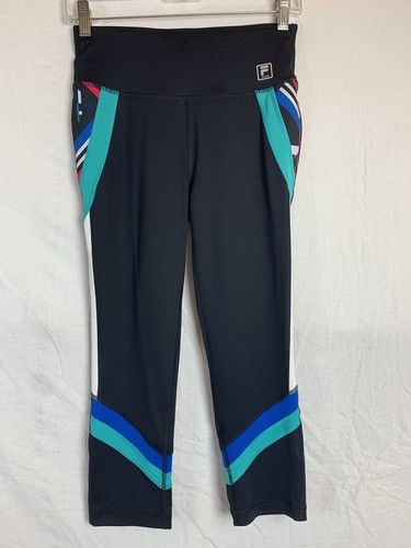 Damen Fila Sport schwarz mit mehrfarbigem Capri Yoga Training Fitnessstudio Fitness Größe Small