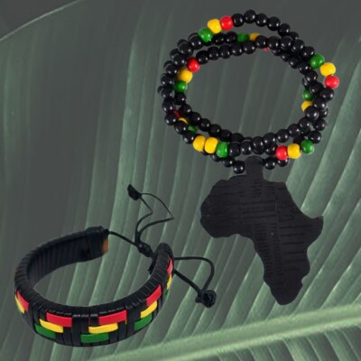 Rasta Reggae Africa Map Necklace (Wooden Beads) & Leather Wristband ...