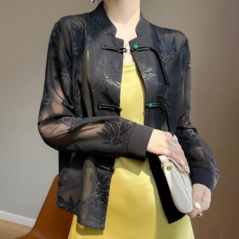 極美品】ショット　CHIFFON CHINESE JACKET　春夏　XLサイズ Chinese Lady Chiffon Jacket Jacquard Tang Suit Cheongsam Shirt
