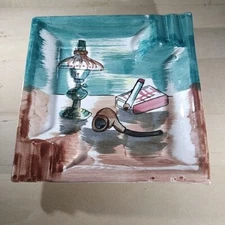 Vintage Ashtray Hand Painted Man Cave 4 Slots  7 Inch Square Mid Century Modern