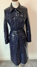 Warehouse - Shiny Dark Blue Pu Leather Full Length Rain Mac Trench Coat Size 10