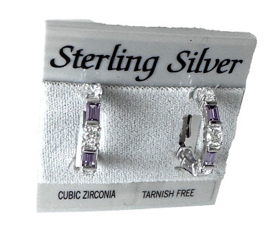 Macys Solid 925 Sterling Silver Hoop Earrings Lilac and Clear CZ Cubic Zirconias