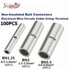 100Pcs Copper Bare Wire Splice Terminals Uninsulated Ferrules Crimp Connectors