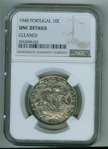 PORTUGAL 1948 SILVER 10 ESCUDOS NGC UNC DETAILS CLEANED